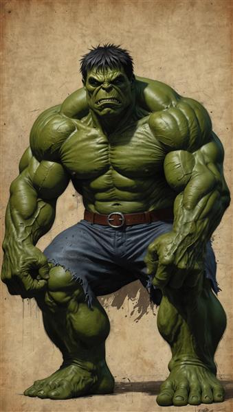 تصویر کامل و با وضوح بالا از هالک نشسته با شلوار جین پاره، آماده برای چاپ تابلو دکوراتیو