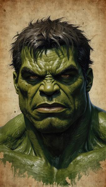 پرتره بسیار باکیفیت هالک، ابرقهرمان خشمگین مارول، با پس‌زمینه وینتیج