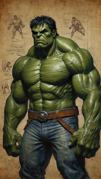پوستر هالک در شلوار جین و کمربند چرمی با طراحی‌های اولیه