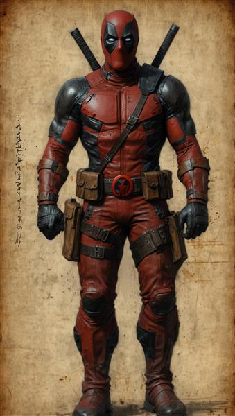 طرح تمام قد ددپول با لباس چرمی و جزئیات گرافیکی در پس‌زمینه