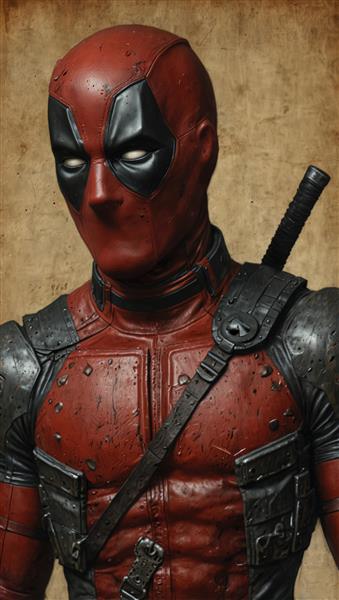 عکس کلوزآپ از ماسک و لباس زرهی ددپول با جزئیات بالا