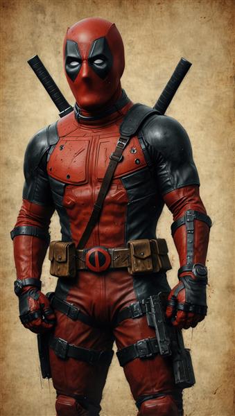 پوستر اورجینال ددپول با ماسک و شمشیر در پشت در حالت نیم‌تنه