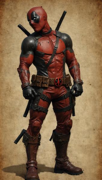 عکس تمام قد ددپول با سر خم شده و ژست جذاب با شمشیرها