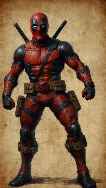 پوستر با ایمپرشن بالا ددپول با ژست آماده مبارزه و لباس چرمی