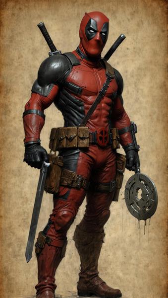 تصویر تمام قد ددپول با شمشیر و سلاح پرتابی فلزی در دست