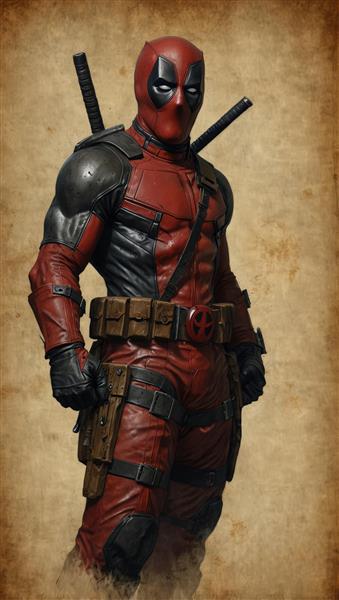 عکس ددپول با لباس رزمی و زره شانه در حالت نیم‌رخ استوار