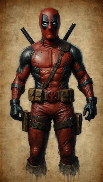 پوستر اورجینال ددپول در لباس چرمی قرمز و سیاه و شمشیرهای پشت