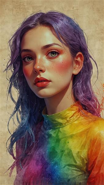 عکس کلوزآپ دختر با موهای آبی بنفش و لباس آبرنگی