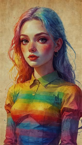 طرح دکوراتیو دختر با موهای رنگین‌کمان و بلوز دکمه‌دار