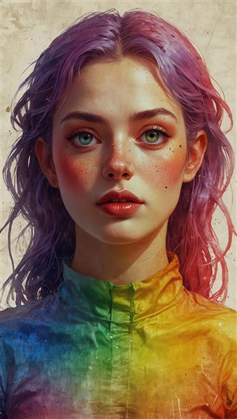 پرتره دخترانه با موهای بنفش و پیراهن رنگین‌کمانی آبرنگی