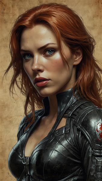 پرتره کلوزآپ بیوه سیاه با لباس چرمی و نگاه نافذ