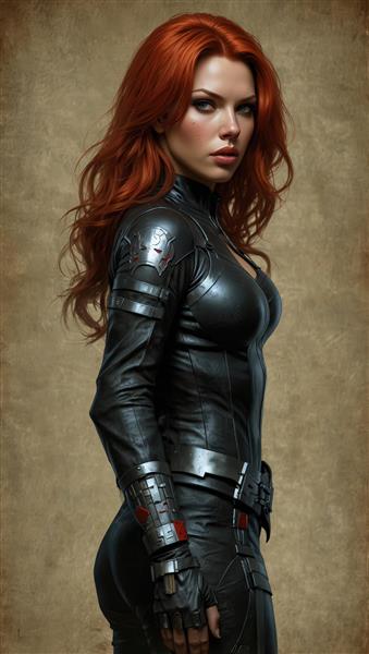 پرتره نیم‌رخ بیوه سیاه با موهای مواج قرمز و زره بازویی فلزی