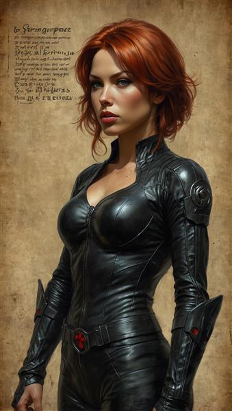 پوستر اورجینال بیوه سیاه با لباس جنگی و زمینه نوشته‌های کهن