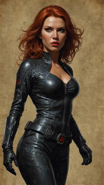 عکس استودیویی بیوه سیاه در لباس چرمی براق مشکی و ژست اکشن