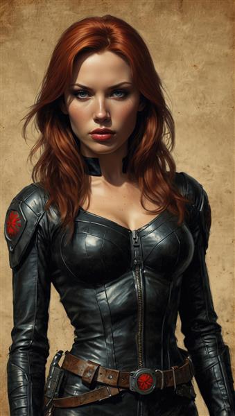 عکس باکیفیت بیوه سیاه با کمربند و لباس چرم مشکی و موی بلند