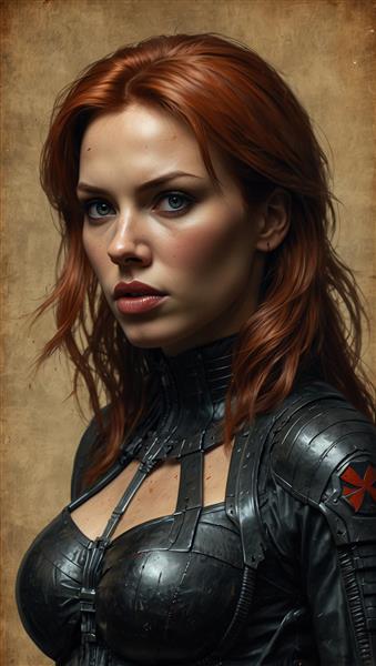 تصویر پرتره بیوه سیاه با لباس زرهی چرمی و پس‌زمینه وینتیج