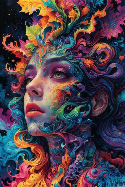 پرتره دختر خندان با موهای رنگی و تاج گل‌های پاییزی، تم شاد و سرزنده، مناسب پوستر و چاپ