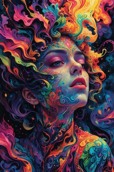 پرتره دختر با موهای آبی بلند و گل‌های پاییزی، تصویر رنگارنگ و باکیفیت برای چاپ‌های عریض