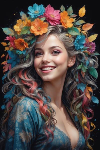 پرتره دختر شاد با موهای مواج چند رنگ و تاج گل‌های درشت، تم فانتزی و پر انرژی، مناسب چاپ بوم نقاشی