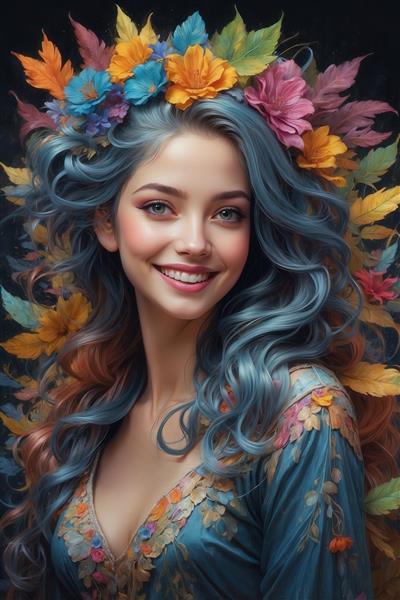 پرتره دختر با موهای آبی بلند و گل‌های پاییزی، لبخند دلنشین، تصویر رنگارنگ و باکیفیت برای چاپ‌های دیواری