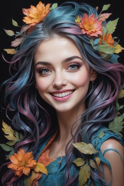 پرتره دختر خندان با موهای رنگی و تاج گل‌های پاییزی، تم شاد و سرزنده، مناسب پوستر و دکوراسیون مدرن