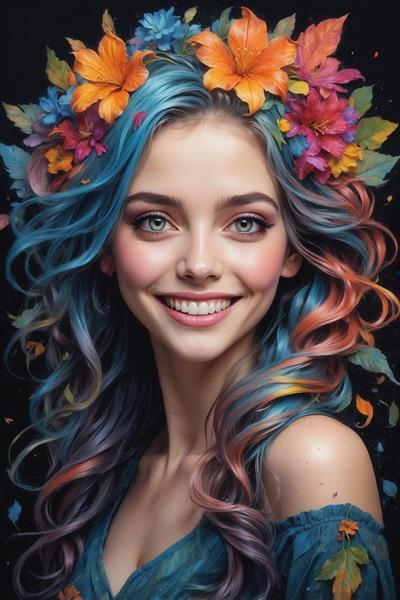 پرتره کلوزآپ دختر خندان با موهای آبی رنگین‌کمان و تاج گل پاییزی، نقاشی دیجیتال شاد و پر انرژی برای چاپ