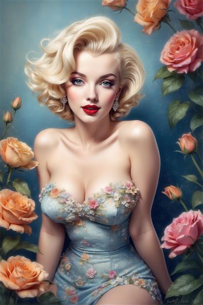 پرتره مرلین مونرو در لباس کوتاه گلدار و رزهای صورتی و نارنجی، تصویر رمانتیک، مناسب چاپ اتاق خواب