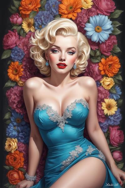 پرتره مرلین مونرو در لباس آبی شب و گل‌های رنگارنگ، تم شیک و جذاب، مناسب چاپ‌های لوکس و فاخر