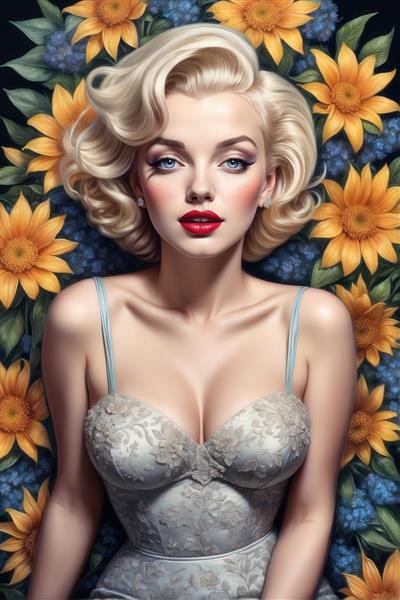 پرتره مرلین مونرو در لباس توری سفید و گل آفتابگردان، استایل کلاسیک هالیوود، تصویر باکیفیت برای چاپ عریض