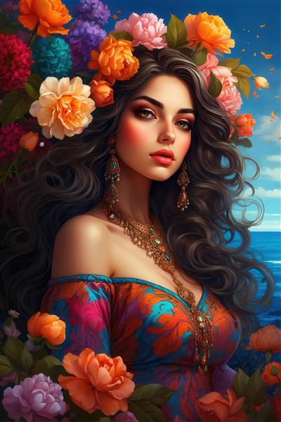 پرتره دختر با موی مواج و لباس طرح‌دار، جواهرات طلایی و تاج گل، پس‌زمینه دریا و آسمان آبی، تم مسافرتی فانتزی