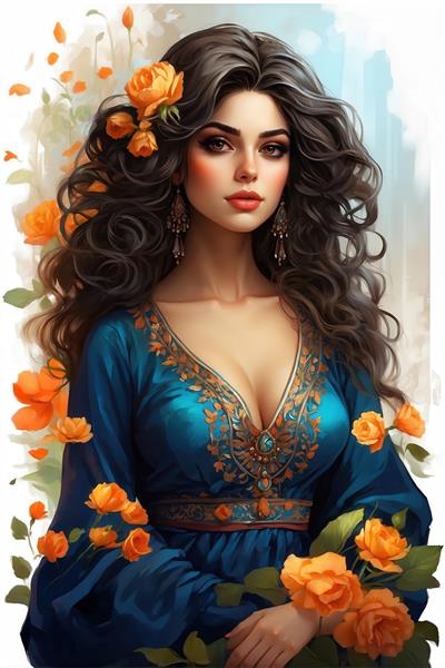 پرتره دختر با موهای مجعد تیره و لباس آبی پررنگ، احاطه شده با گل‌های رز نارنجی، نورپردازی طبیعی، پرتره جذاب