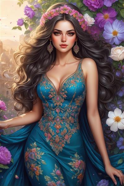 پرتره دختر در لباس آبی گلدوزی شده، با تاج گل یاسی و پس‌زمینه باغ و عمارت تاریخی، مناسب چاپ‌های دکوراتیو فاخر