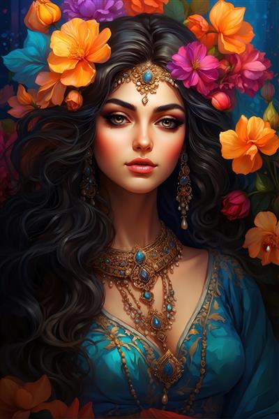 پرتره دختر با آرایش غلیظ و جواهرات بزرگ، لباس آبی سلطنتی و تاج گل پررنگ، کنتراست رنگی بالا برای چاپ‌های عریض