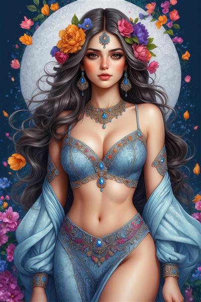 پرتره دختر رقاص شرقی با لباس آبی ابریشمی و جواهرات، پس‌زمینه ماه کامل و گل‌های شناور، تم خیال‌انگیز