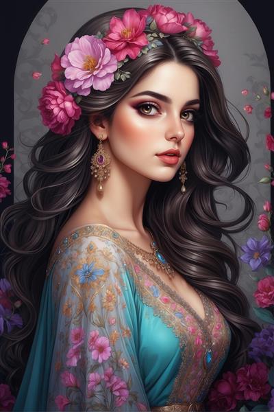 پرتره دختر با موهای مواج تیره و تاج گل رز صورتی، لباس آبی مجلسی، پرتره فانتزی با کیفیت عالی برای تابلو