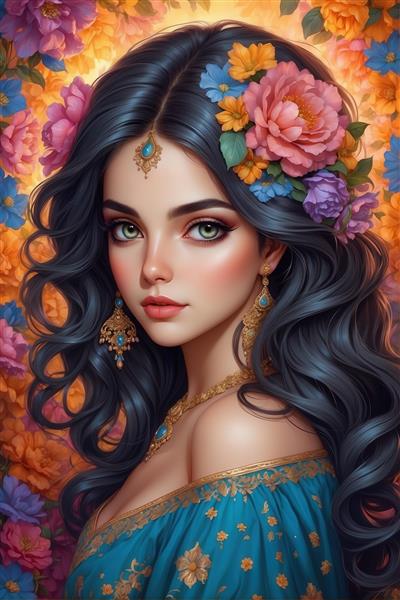 پرتره دختر با موی سیاه و آرایش شرقی، گل‌های صورتی و نارنجی در پس‌زمینه، مناسب چاپ‌های رنگی و جذاب