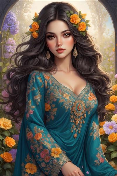 پرتره دختر با موهای بلند و لباس آبی فیروزه‌ای، گلدوزی طلایی و تاج گل نارنجی، تم کلاسیک شرقی برای چاپ بوم