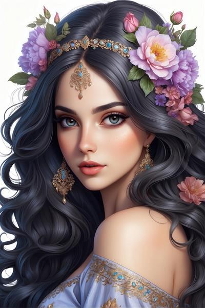 پرتره کلوزآپ دختر با چشم‌های روشن و موی تیره، تاج گل بنفش و پیشانی‌بند طلایی، مناسب چاپ آرت دکو و مدرن