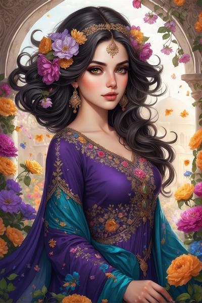 پرتره دختر شرقی با موهای تیره و لباس بنفش سلطنتی، جواهرات فیروزه‌ای و تاج گل، مناسب چاپ تابلو و پوستر فاخر