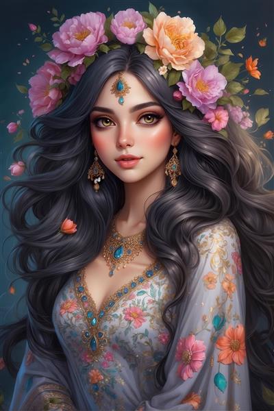 پرتره دختر با موهای تیره و تاج گل رز صورتی و نارنجی، لباس گلدوزی شده، تصویر فاخر و چشم‌نواز برای تابلو