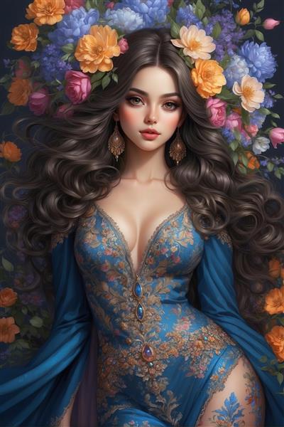 پرتره دختر با لباس آبی مجلسی و گلدوزی‌های طلایی، موهای تیره و امواج گل در پس‌زمینه، مناسب چاپ‌های عریض