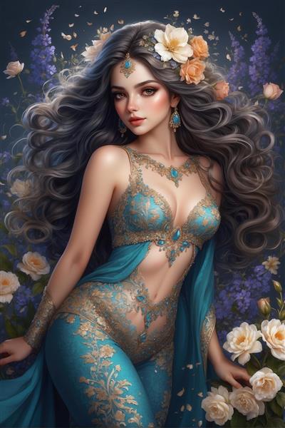 پرتره دختر در بادی دانتل آبی و طلایی، موهای بلند مواج و تاج گل، تصویر فانتزی و جذاب برای چاپ دکوراتیو