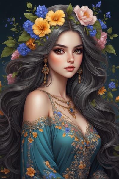 پرتره دختر با موهای بلند تیره و تاج گل طبیعی، لباس آبی سنتی و جواهرات طلایی فیروزه‌ای، مناسب دکوراسیون ایرانی