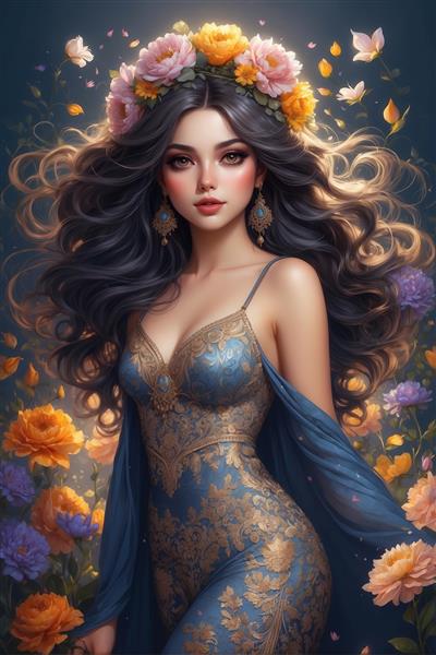پرتره شاهزاده خانم با موهای مواج تیره و تاج گل و پروانه، لباس آبی طلایی مجلسی، نقاشی فانتزی با کیفیت عالی