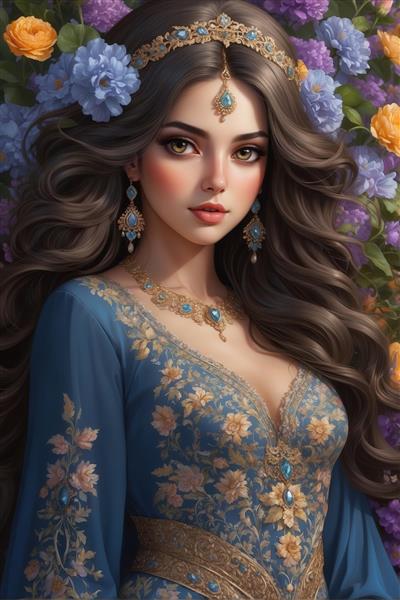 پرتره دختر جوان با موی قهوه‌ای و لباس آبی سلطنتی، جواهرات طلایی و تاج، تم فانتزی شرق و طبیعت، مناسب چاپ دکوراتیو