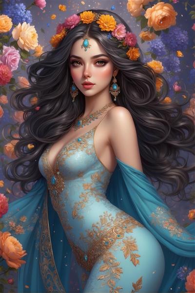 پرتره دختر شرقی با موهای مواج تیره، تاج گل و لباس آبی فیروزه‌ای مجلسی، نقاشی دیجیتال سلطنتی برای تابلو