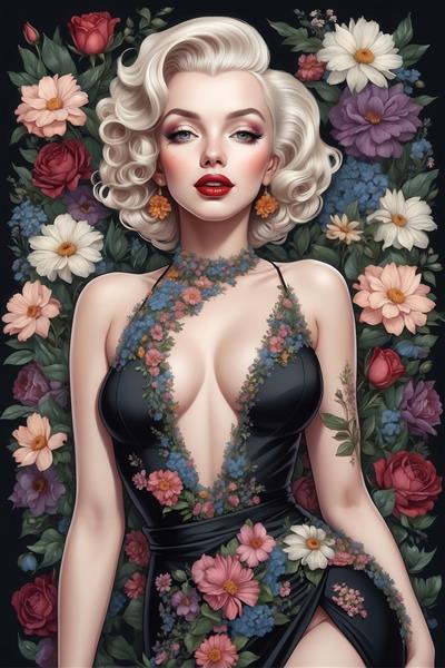 پرتره مرلین مونرو در لباس مشکی گلدوزی‌شده و پس‌زمینه گل‌های متنوع، نقاشی دیجیتال با رنگ‌های تیره و جذاب، چاپ فاخر