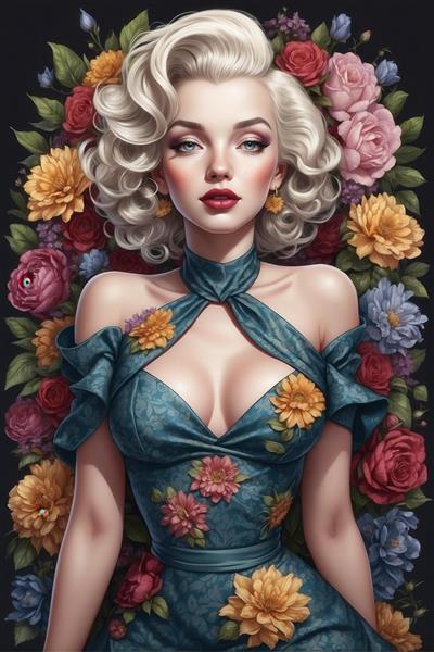 پرتره مرلین مونرو در لباس آبی گلدار و یقه‌بند، احاطه شده با گل‌های رز رنگارنگ، مناسب چاپ پوستر و دکوراسیون کلاسیک