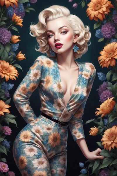 پرتره مرلین مونرو در جامپ‌سوت گل آفتابگردان، استایل رترو پین‌آپ، با کیفیت بسیار بالا برای چاپ و تابلو دکوراتیو