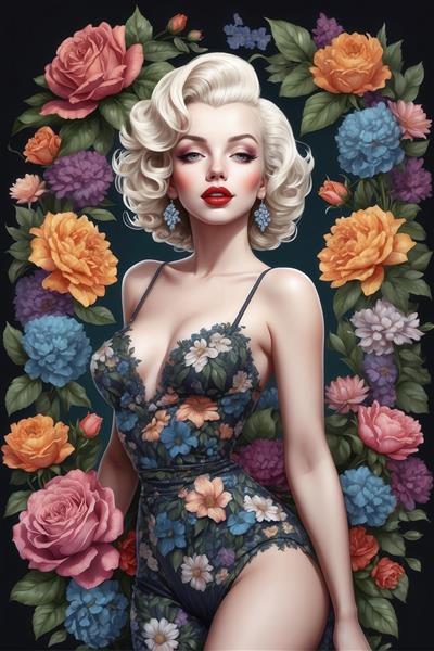 پرتره فانتزی مرلین مونرو در لباس گلدار بادی و پس‌زمینه انبوه گل‌های رز، مناسب دکوراسیون اتاق و سالن پذیرایی